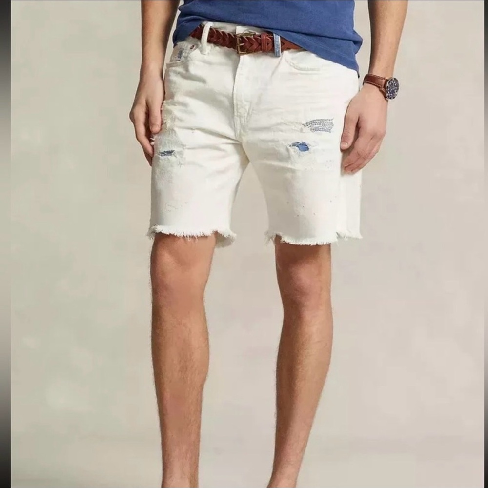 Polo Ralph Lauren The Sullivan Slim Distressed Denim Shorts Mens Size 31 White